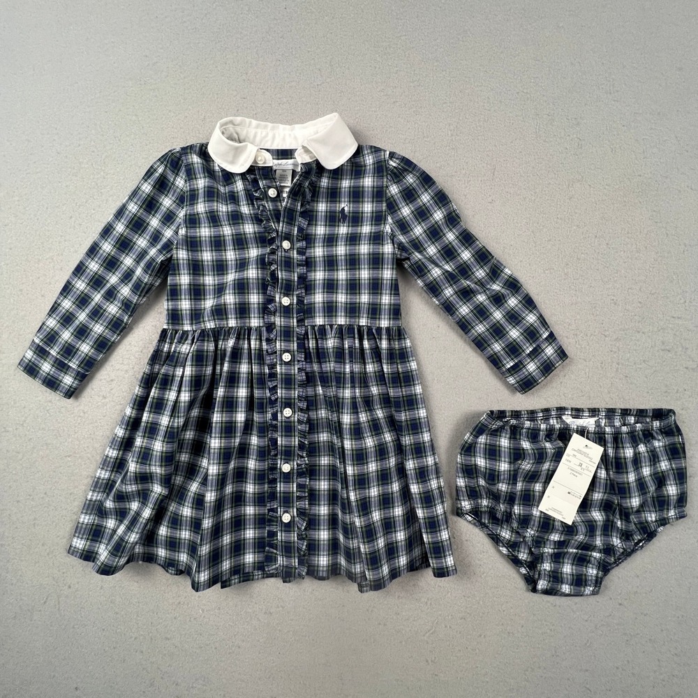 Ralph Lauren Plaid Dress Set Kids 18M Navy Green Ruffle Peter Pan Collar Preppy